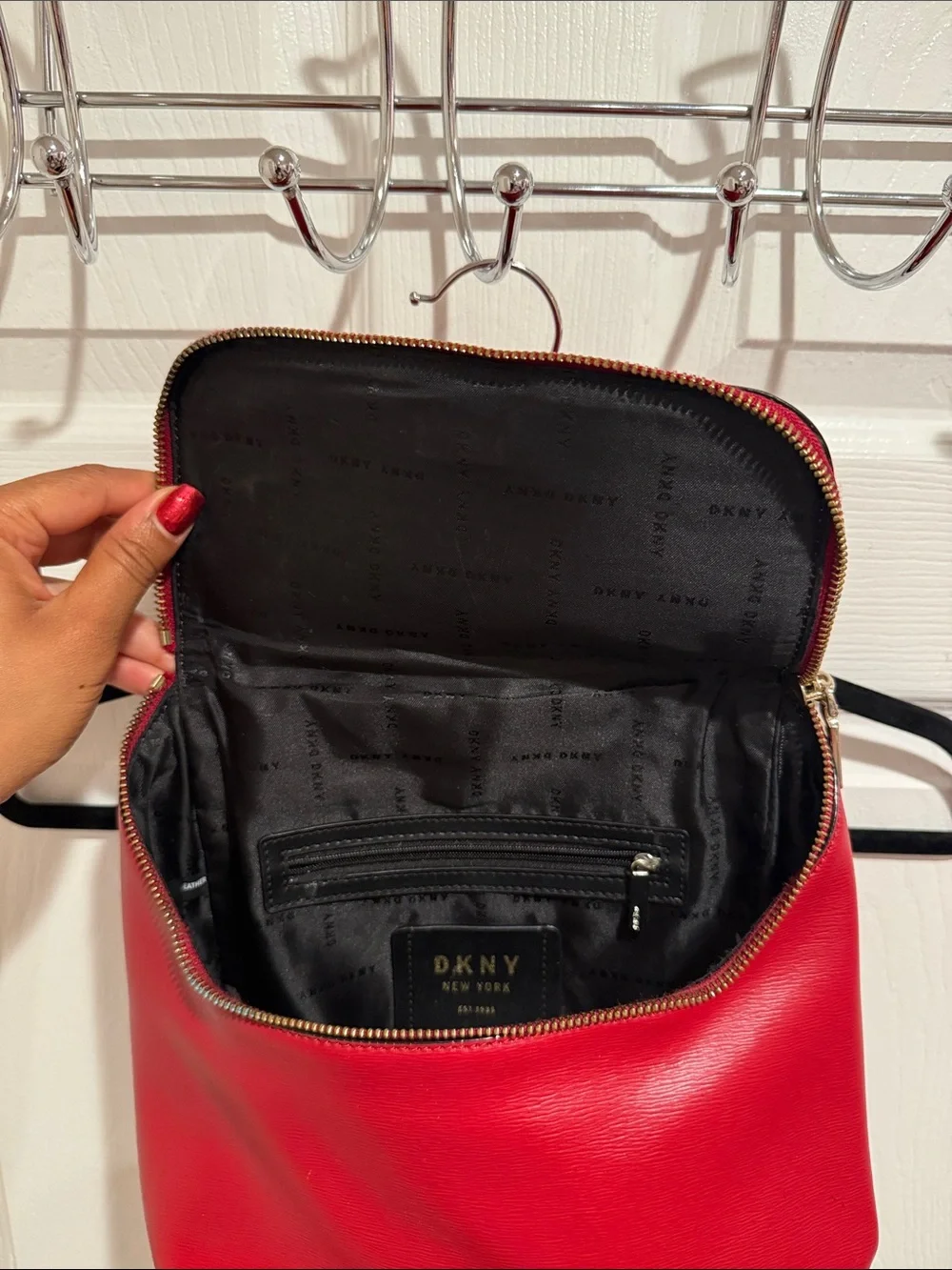 DKNY Red Leather Backpack with Gold Hardware